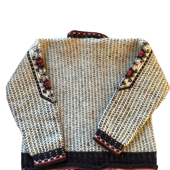 VTG Wool Chunky Knitted Cardigan Sweater M Black Cream Red Metal Scroll Buttons - Picture 5 of 13